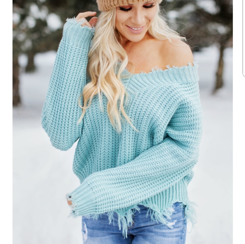 Mint distressed sweater